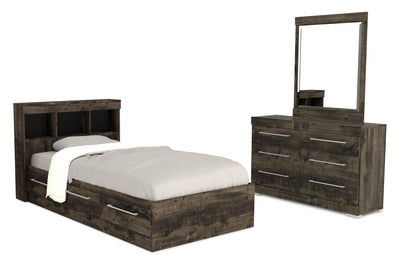 Riley Mates Bed 5pc Set with Bookcase Headboard, Dresser & Mirror, Grey - Twin Size | Ensemble lit matelot Riley 5 pièces avec tête de lit bibliothèque, commode et miroir, gris - format lit simple