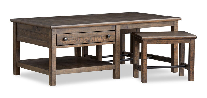 Edwin 52” Country Pine Coffee Table with Storage and Stools - Homestead Brown