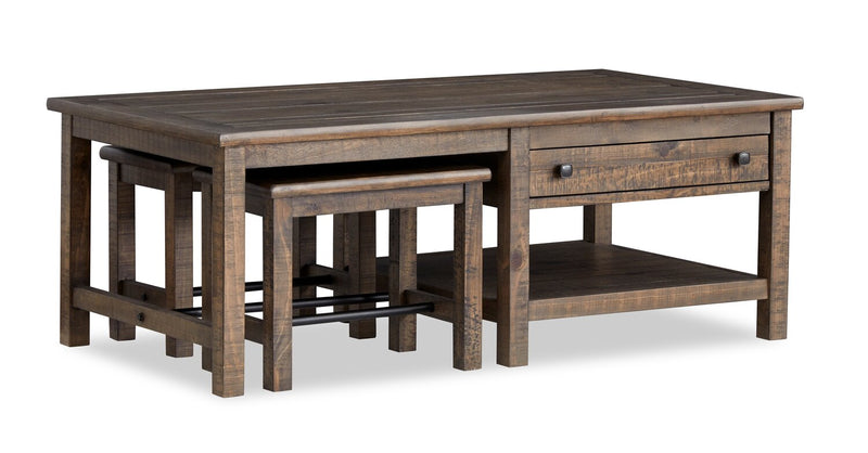 Edwin 52” Country Pine Coffee Table with Storage and Stools - Homestead Brown