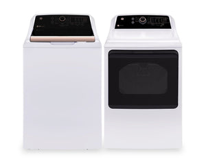 GE 5.3 Cu. Ft. Top Load Washer and 7.4 Cu. Ft. Electric Dryer - White and Rose Gold 