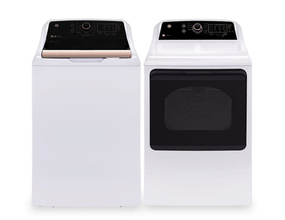 GE 5.3 Cu. Ft. Top Load Washer and 7.4 Cu. Ft. Electric Dryer - White and Rose Gold  | Laveuse à chargement par le haut de 5,3 pi3 et sécheuse électrique de 7,4 pi3 de GE - blanches et or rose