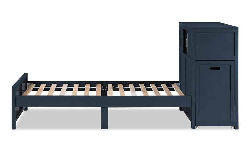 Quinn Platform Bed with Bookcase Headboard, Built-in Desk & Stool, Blue - Twin Size