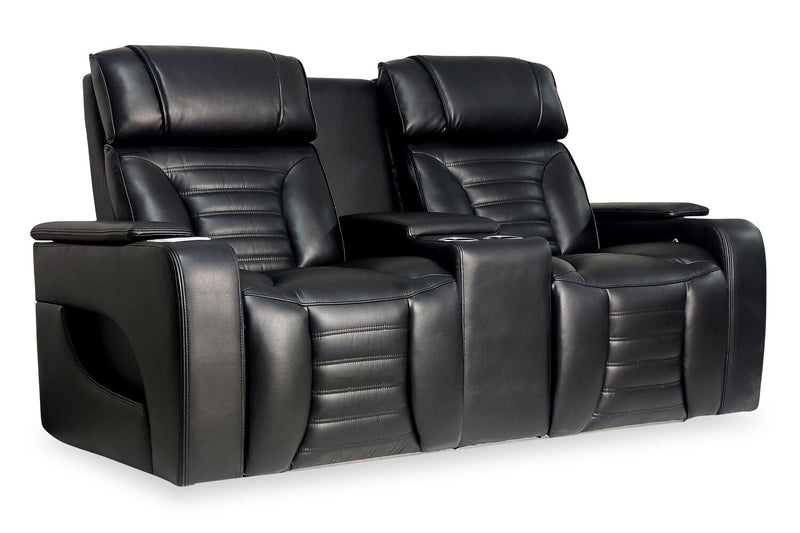 Zen 75.5\" Faux Leather Power Reclining Massage Loveseat with Refrigerator Console - Black