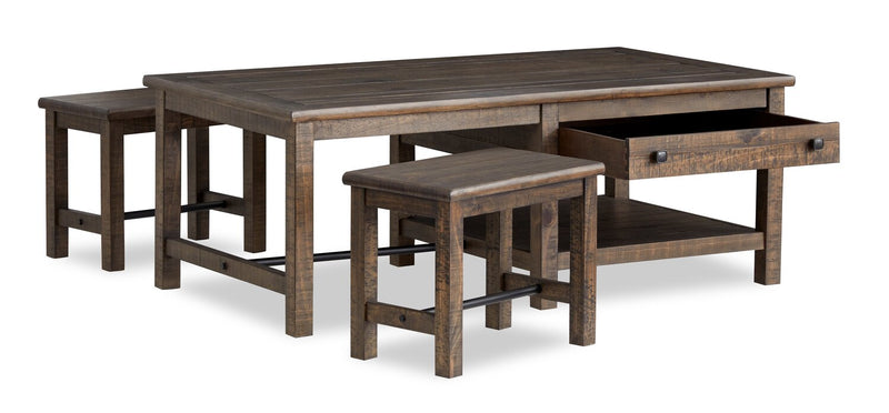 Edwin 52” Country Pine Coffee Table with Storage and Stools - Homestead Brown