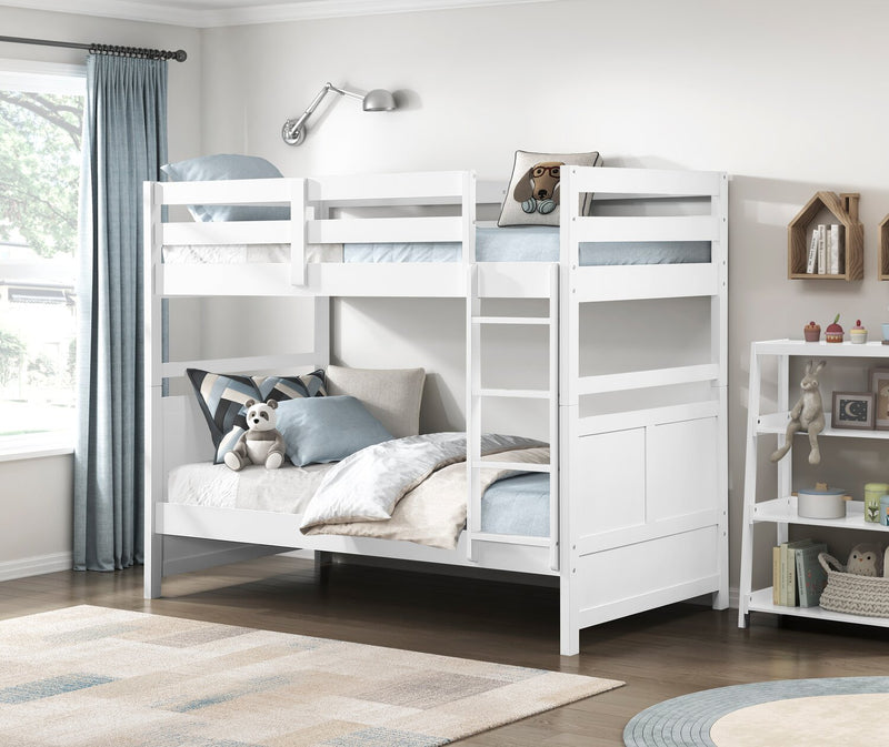 Quinn Bunk Bed with Ladder & Guard Rail for Kids, White - Twin/Twin