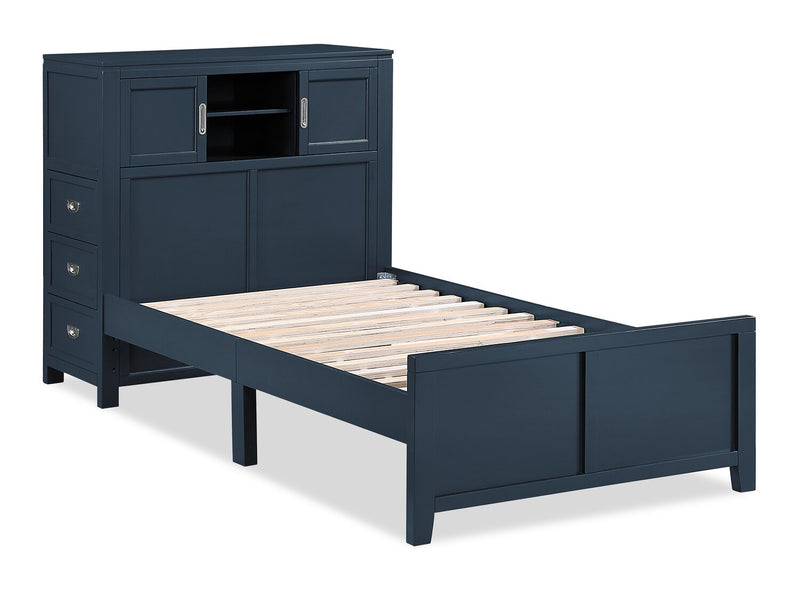 Quinn Platform Bed with Bookcase Headboard, Built-in Desk & Stool, Blue - Twin Size