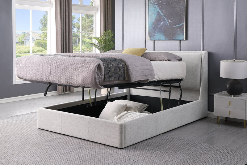 Nico Upholstered Storage Platform Bed in Polyester Grey Fabric, Hyrdraulic Lift  - Queen Size