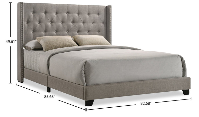 Brady Upholstered Wingback Bed in Light Grey Fabric with Nailhead Design, Button Tufted - King Size