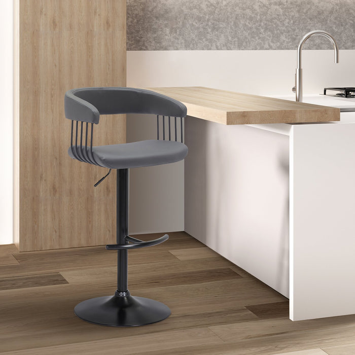 Java Barstool with Swivel & Adjustable Seat, Vegan Leather Fabric, Metal - Grey