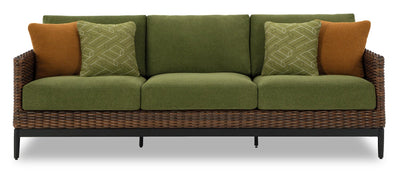 Tofino Outdoor Patio Sofa - Resin Wicker, UV & Weather Resistant - Green/Brown/Black | Sofa Tofino pour la terrasse à l’extérieur - osier en résine, résistant aux rayons UV et aux intempéries - vert, brun et noir