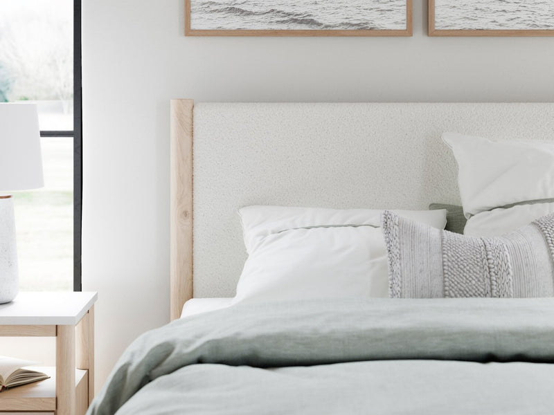 Jolie Panel Bed with Headboard & Frame, Boucle Fabric, White & Natural - Queen Size