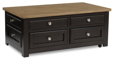 Wells 46" Solid Wood Lift Top Coffee Table with Storage and Casters - Two Tone Brown | Table à café Wells de 46 po en bois massif avec dessus relevable, rangement et roulettes - deux teintes de brun