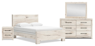 Derekson 6pc Bedroom Set with Panel Bed, Dresser, Mirror & Nightstand, Rustic White - Queen Size | Ensemble de chambre à coucher Derekson 6 pièces blanc rustique avec lit à panneaux, commode, miroir et table de nuit - format grand lit