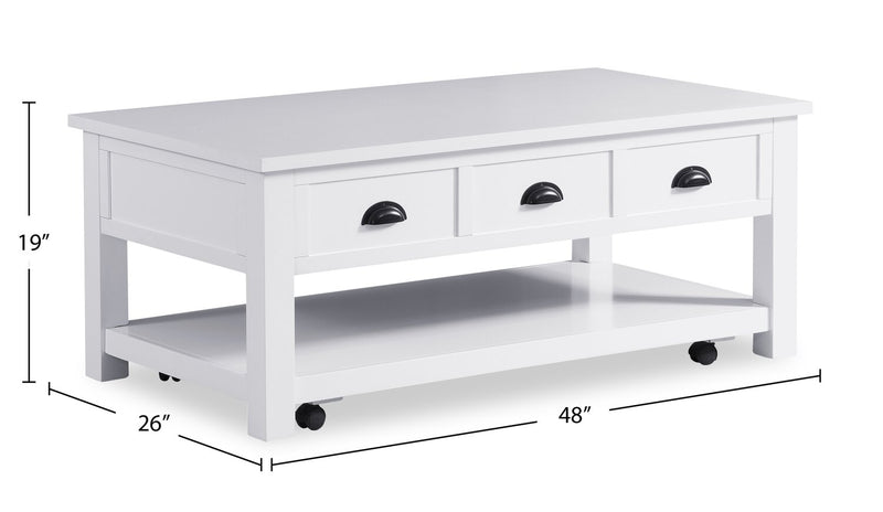 Centennial 48\" Modern Lift Top Coffee Table with Storage, Shelf & Casters - White