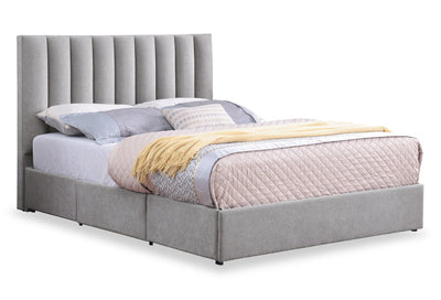 Amos Upholstered Storage Bed in Grey Fabric with Channelled Headboard & 3 Built-in Drawers - King Size | Lit de rangement Amos rembourré en tissu gris avec tête de lit à canaux et 3 tiroirs intégrés - format très grand lit
