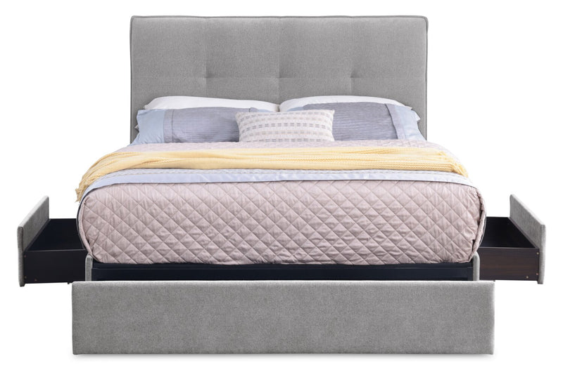 Amos Upholstered Storage Bed in Grey Fabric with Tufted Headboard & 3 Built-in Drawers - Full Size