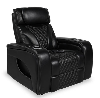 Elite 38" Genuine Leather Massage Power Reclining Chair with Power Headrest and Storage Armrests - Black | Fauteuil de massage à inclinaison électrique Elite de 38 po en cuir véritable avec appuie-tête électrique et accoudoirs de rangement - noir