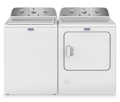 Maytag 4.8 Cu. Ft. Top Load Washer and 7.0 Cu. Ft. Gas Dryer with Wrinkle Prevent Option – White  | Laveuse à chargement par le haut 4,8 pi3 et sécheuse à gaz 7,0 pi3 avec option de prévention des plis de Maytag - blanches