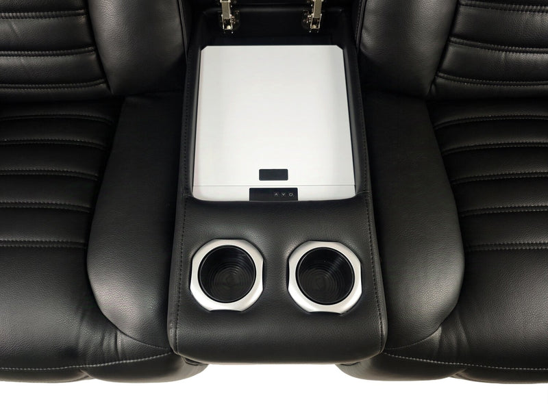 Zen 75.5\" Faux Leather Power Reclining Massage Loveseat with Refrigerator Console - Black
