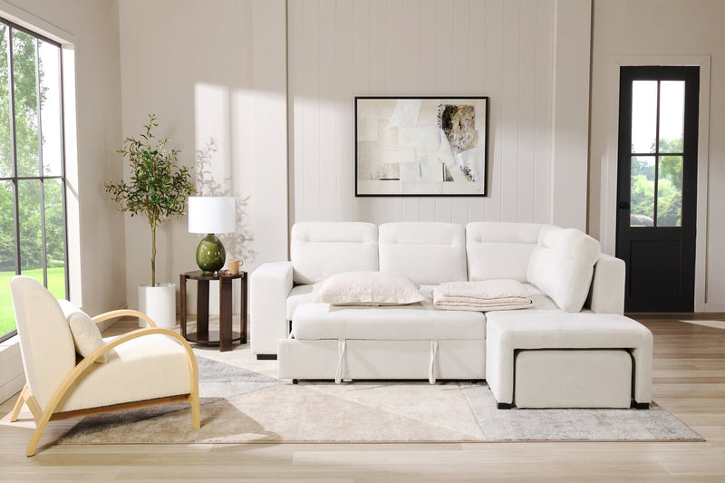 Primo Coast 3-Piece Right-Facing Ivory White Fabric Sleeper Sectional with Storage Chaise and Storage Armrest