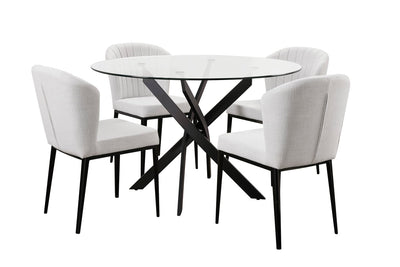 Zoe 5pc Dining Set with Table & 4 Chairs, Glass Top, Metal Geometric Base, 47"W Round - Black & Grey | Ensemble de salle à manger Zoe 5 pièces avec table ronde de 47 po (L), dessus en verre, base géométrique en métal et 4 chaises - noir et gris