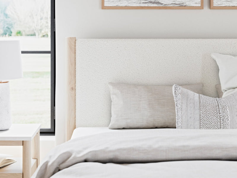 Jolie Panel Bed with Headboard & Frame, Boucle Fabric, White & Natural - King Size