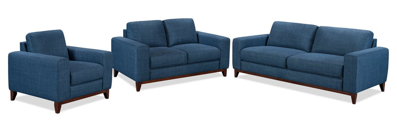 River 87\" Linen-Look Fabric Sofa with Wood Base and Legs - Blue