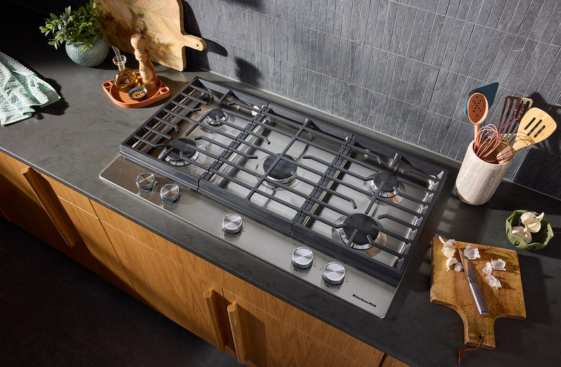 KitchenAid 36\" Gas-on-Metal Cooktop with Cast-Iron Grates – Stainless Steel - KCGK336SSS