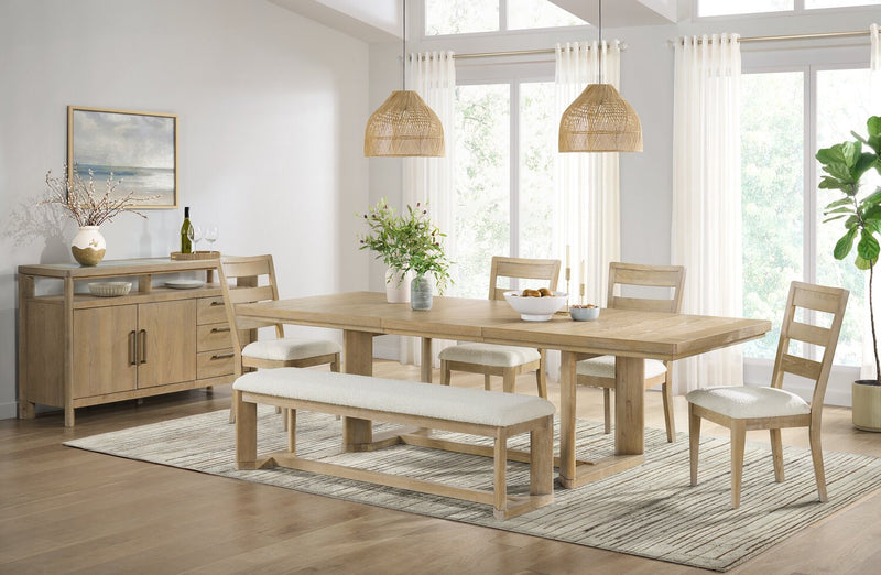 Aspen 6pc Dining Package with 80-104\"Extension Table, Bench & 4 Chairs, Fabric - Natural