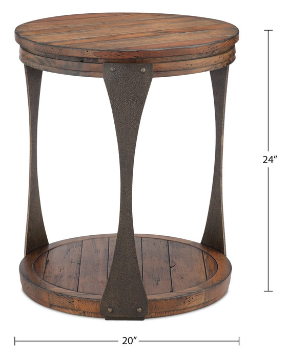 Albany 20” Industrial Round Pine End Table with Shelf - Bourbon