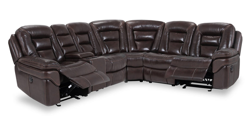 Leo 6-Piece Genuine Leather Power Reclining Sectional with Storage Console and Dual Cupholders - Walnut Brown