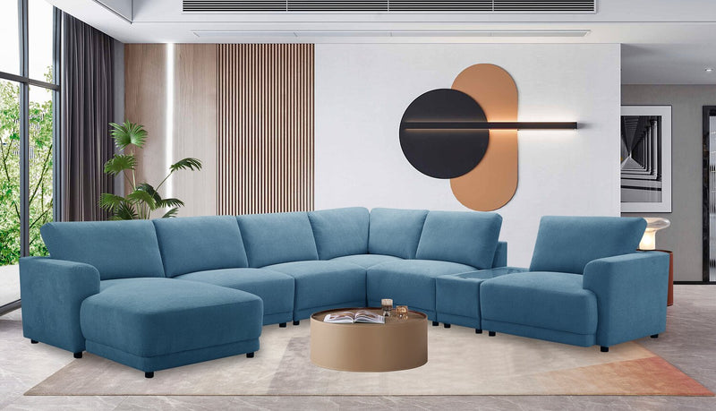 Voyage Modular 7-Piece Left-Facing Fabric Sectional with Console and Removable Back Cushions – Blue