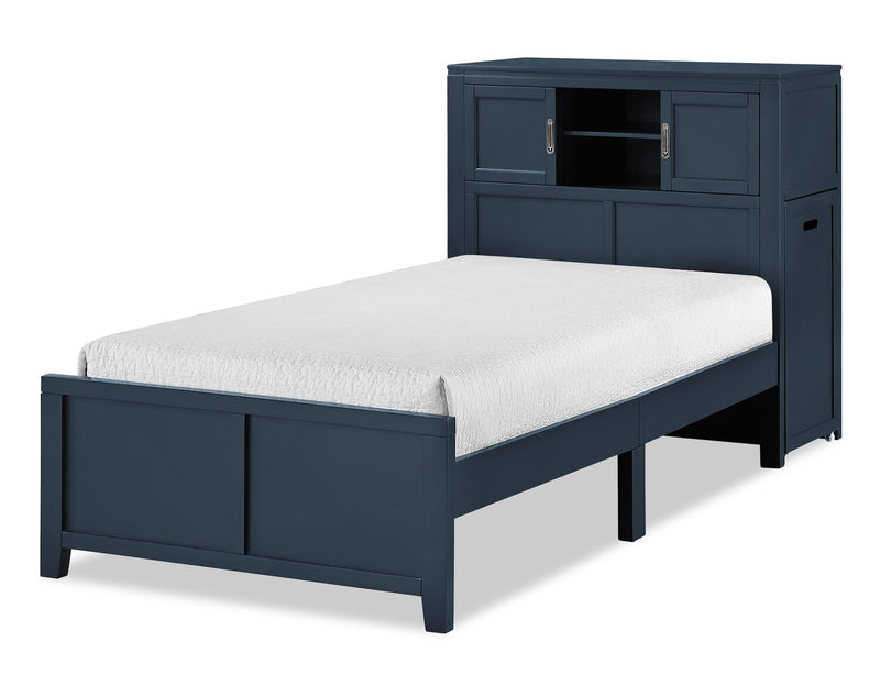 Quinn Platform Bed with Bookcase Headboard, Built-in Desk & Stool, Blue - Twin Size