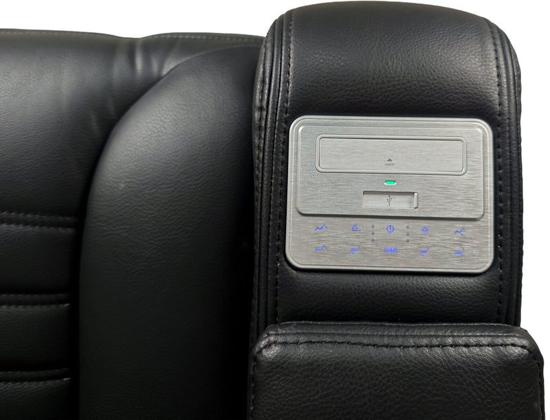 Zen 75.5\" Faux Leather Power Reclining Massage Loveseat with Refrigerator Console - Black
