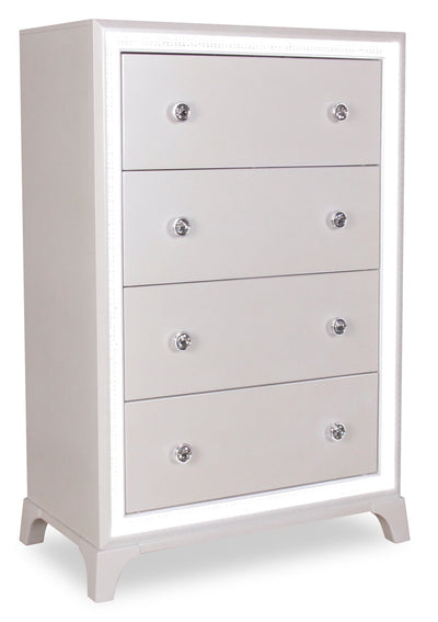 Halo Bedroom Chest of Drawers with LED Light, 4-Drawer, 32"W x 48"H, Glam - White | Commode verticale somptueuse Halo de 32 po (l) x 48 po (H) à 4 tiroirs avec éclairage à DEL pour la chambre à coucher - blanche