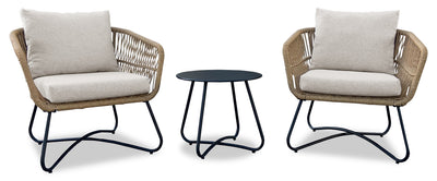Sicily 3-Piece Outdoor Patio Conversation Set with 2 Chairs & Round Metal End Table - Resin Wicker, UV & Weather Resistant - Natural/Black | Ensemble de conversation Sicily 3 pièces pour la terrasse à l’extérieur avec 2 fauteuils et table