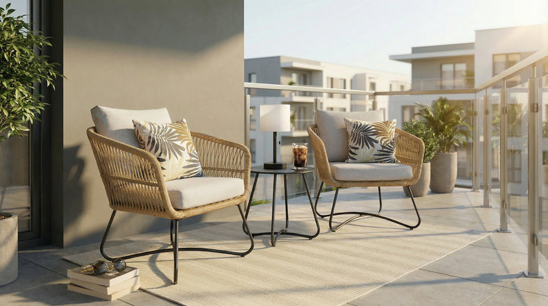 Sicily 3-Piece Outdoor Patio Conversation Set with 2 Chairs & Round Metal End Table - Resin Wicker, UV & Weather Resistant - Natural/Black