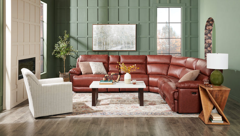 Sorrento 6-Piece Genuine Leather Power Reclining Sectional with Storage Console and USB Port - Madrid Brick Brown