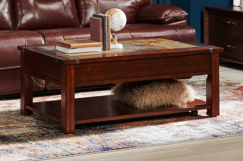 Roanoke 50\" Rustic Lift Top Coffee Table with Storage and Shelf - Dark Cherry Wood and Slate Inlay