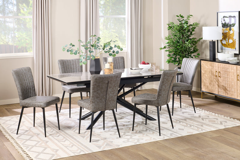 Tavo Dining Table with 63-79\"W Extension, Sintered Stone & Metal, Geometric Pedestal Base - Grey/Black