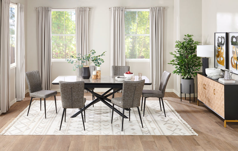 Tavo Dining Table with 63-79\"W Extension, Sintered Stone & Metal, Geometric Pedestal Base - Grey/Black