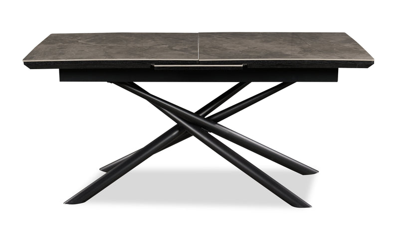 Tavo Dining Table with 63-79\"W Extension, Sintered Stone & Metal, Geometric Pedestal Base - Grey/Black
