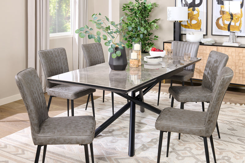 Tavo Dining Table with 63-79\"W Extension, Sintered Stone & Metal, Geometric Pedestal Base - Grey/Black