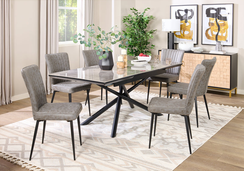 Tavo Dining Table with 63-79\"W Extension, Sintered Stone & Metal, Geometric Pedestal Base - Grey/Black