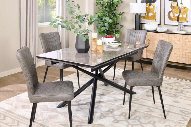 Tavo Dining Table with 63-79\"W Extension, Sintered Stone & Metal, Geometric Pedestal Base - Grey/Black