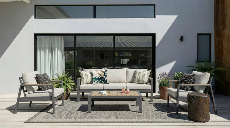 Tuscany  4-Piece Outdoor Patio Set with Loveseat, 2 Chairs & Coffee Table - Metal, UV & Weather Resistant - Beige/Black