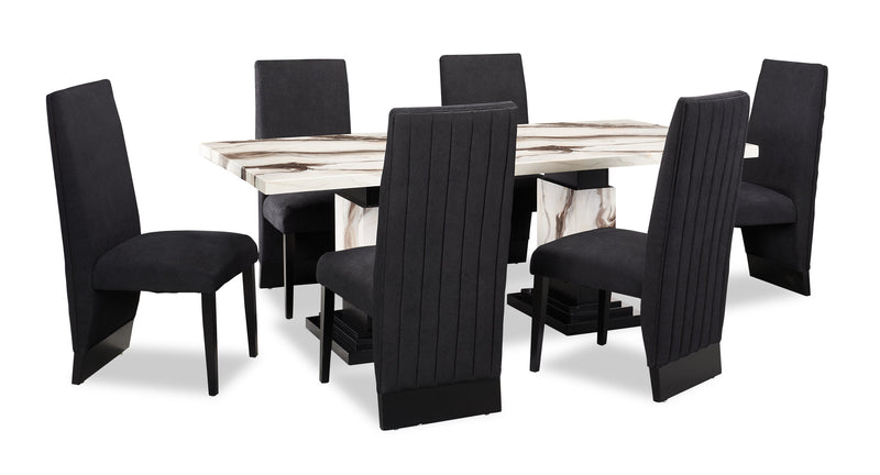 Vega Dining Table, Marble Look, Pedestal Base, 82\"W - Black & White