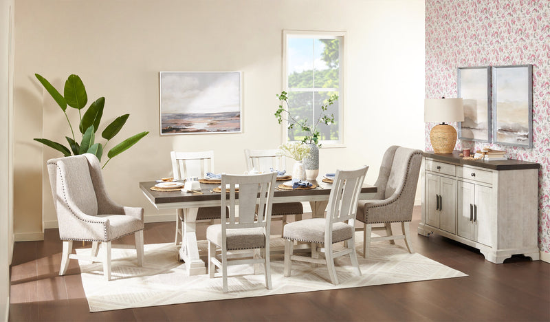 Willow Dining Table with Trestle Base, 84-106\"W Extension - Rustic White & Brown