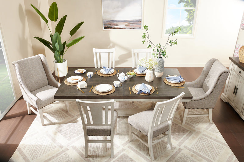Willow Dining Table with Trestle Base, 84-106\"W Extension - Rustic White & Brown