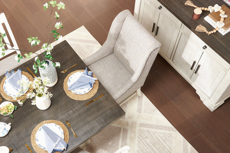 Willow Dining Table with Trestle Base, 84-106\"W Extension - Rustic White & Brown